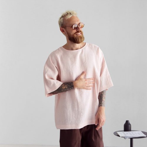 Mens Linen T Shirt Oversize Wide Sleeve For