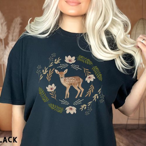 Fawn Cottagecore T Shirt: Woodland Deer Botanical Design